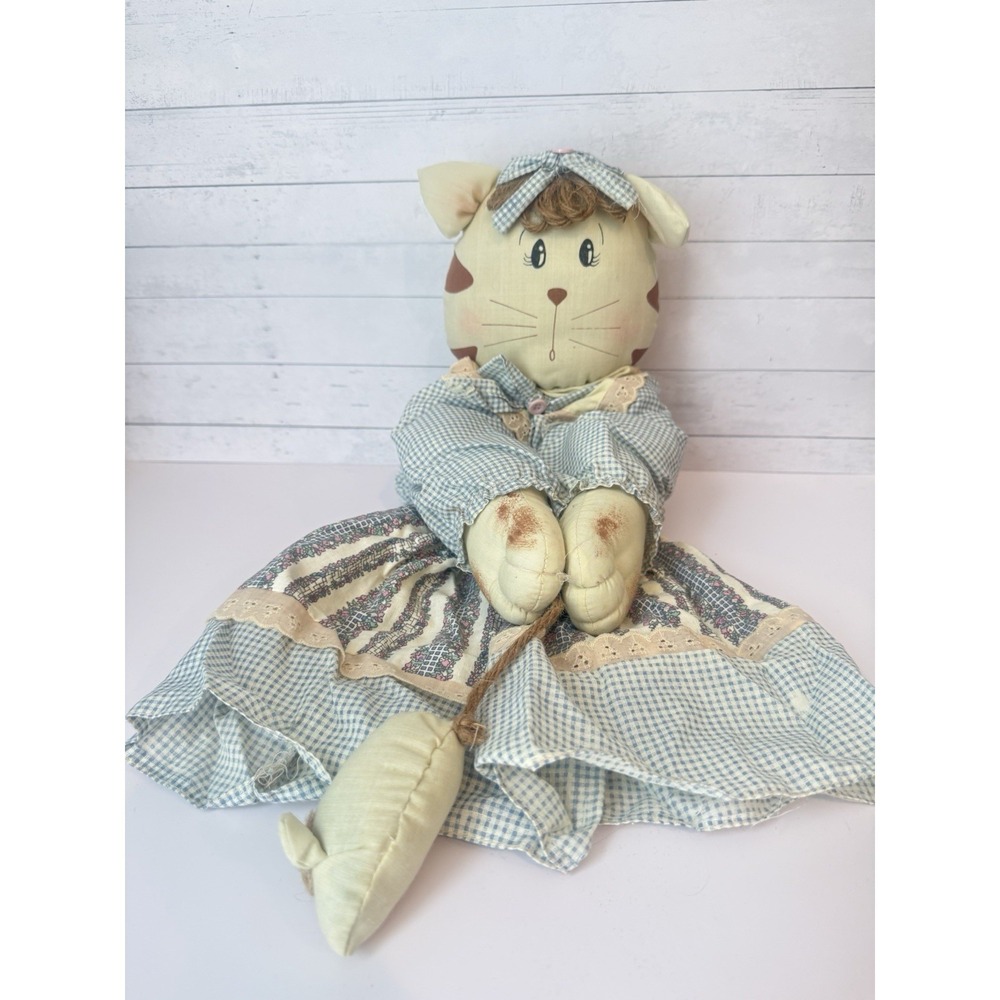 Handmade Country Cat Broom Cover / Broom Hider Cloth Doll – Blue Gingham – 19"